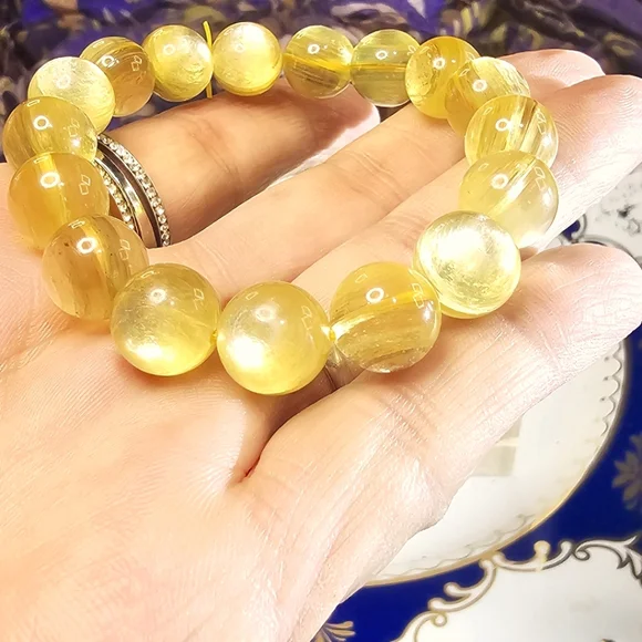 Golden Mica 12 mm Stone Bead Stretchy Bracelet - Picture 2 of 3